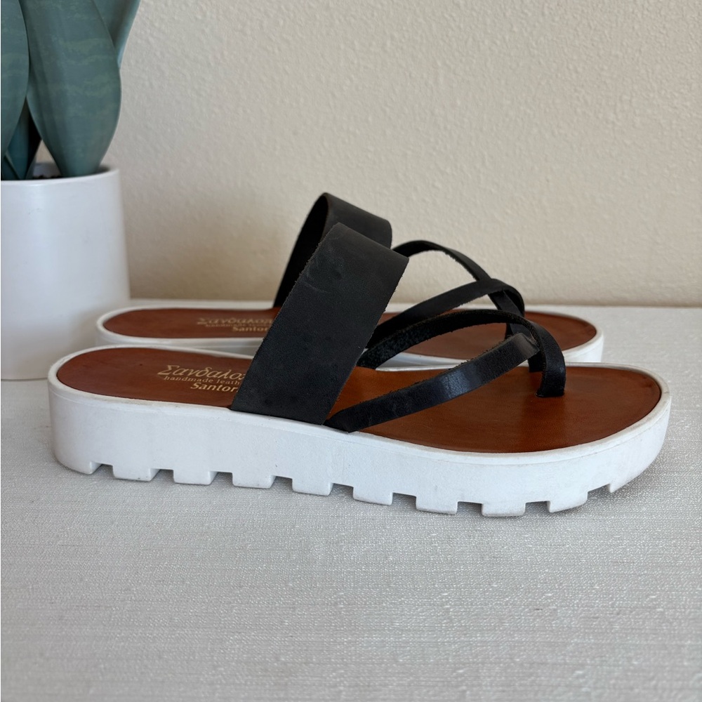 Santorini Black Leather Loop Toe Slide Sandals Women’s EU40 US9